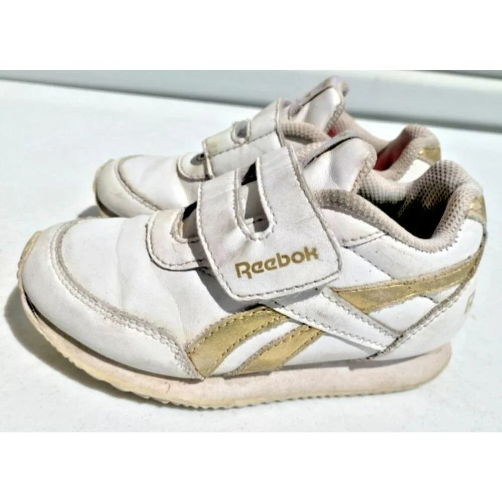 Reebok Toddlers Sz 9 Shoes Sneakers Classic Leather Step Flash White/Gold Straps